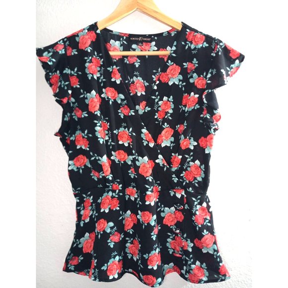 Almost Famous Summer Floral Ruffle Short Sleeve Elastic Waist Red Blue L Blouse - Picture 2 of 9